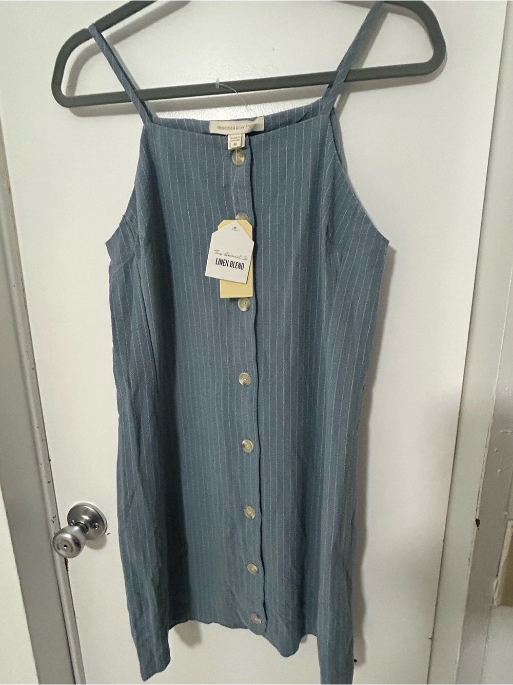Monteau Blue Pinstripe Linen-Blend Button-Front Mini Dress